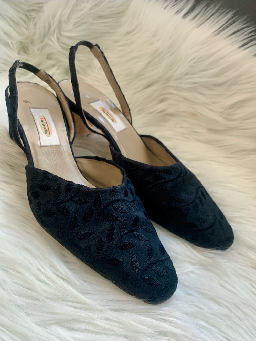 Talbots Black Embroidered Slingback Mules